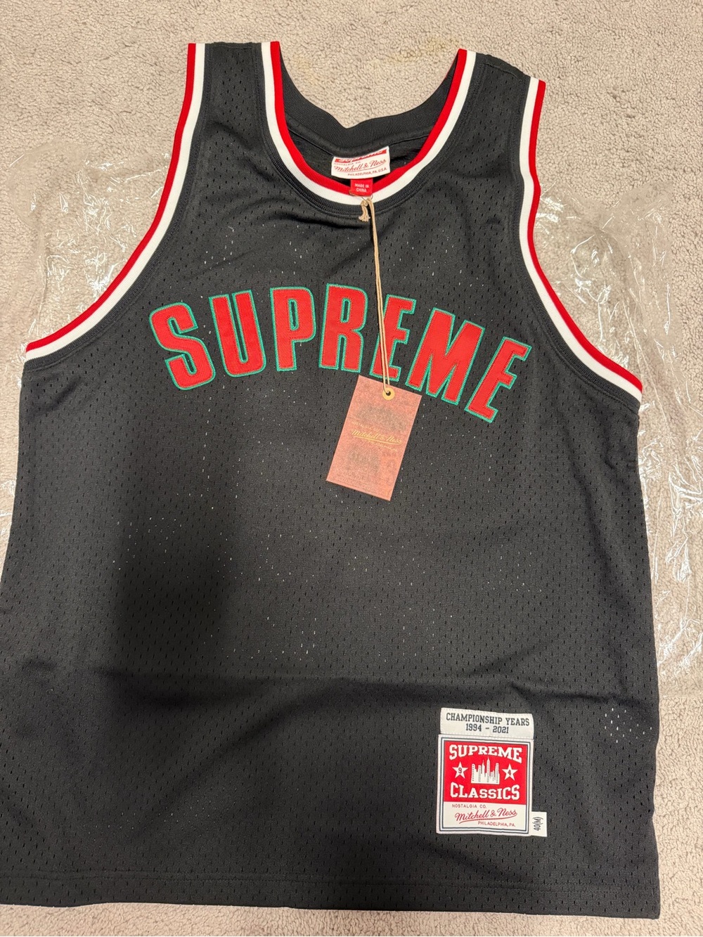 Supreme Mitchell & Ness Mesh Basketball Jersey Tank Top Black Red Trim M